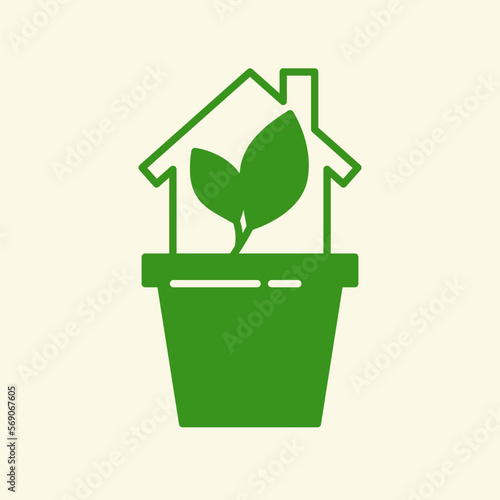 Vector illustration depicts a silhouette of a house with a plant. A sign of an eco-friendly microclimate in the house.