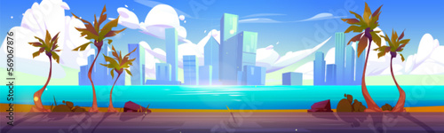 Summer tropical background with palm trees and empty asphalt road. Sea coast landscape and blue water surface with city buildings on skyline, sky with white clouds cartoon vector illustration