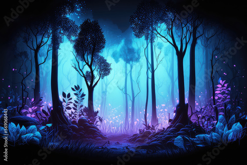 Fairy forest at night, fantasy glowing flowers and lights. (ai generated)