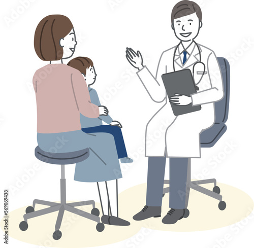 診察をする医者と母親の膝の上の男の子 © karinrin
