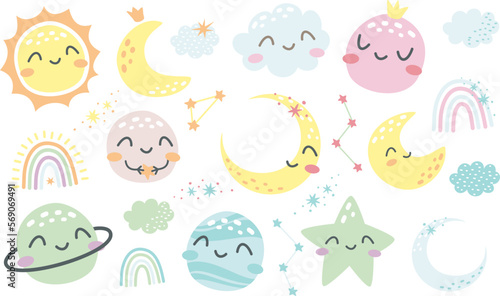 Cute vector set. Sleeping planets. Sun, flax, uranium, Pluto, stars and other planets, rainbow. Cute children's illustrations.