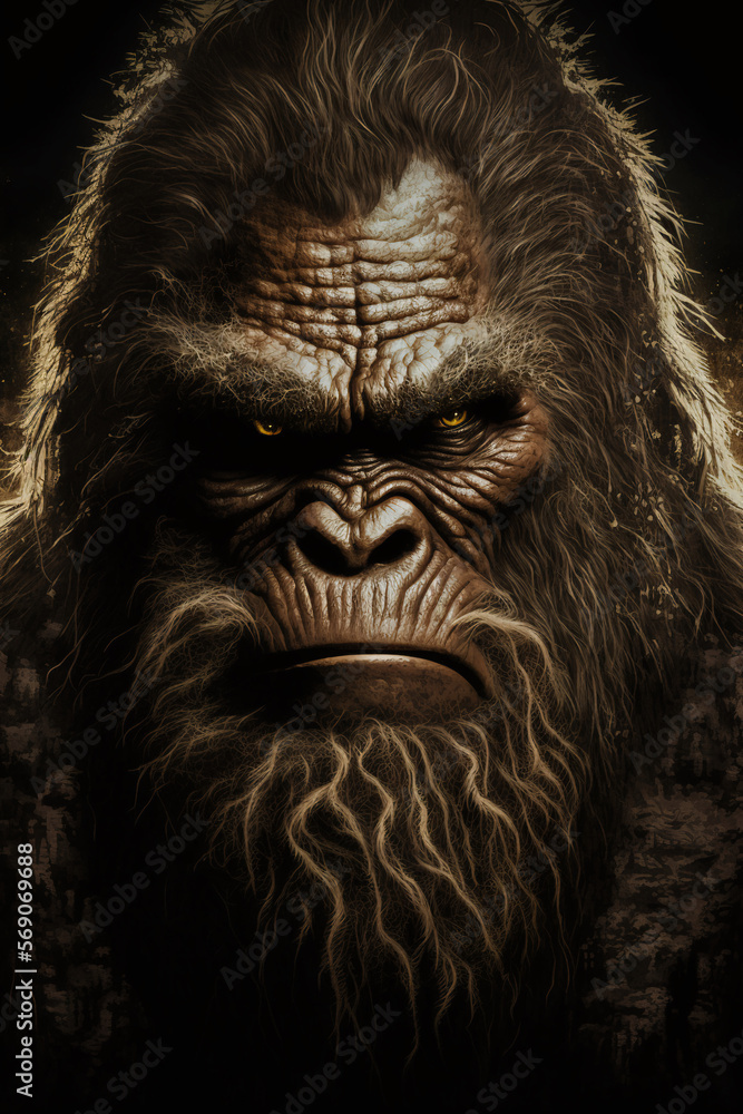 Bigfoot Mysterious North American Cryptid,  Sasquatch Mythical Character Portrait, Generative AI