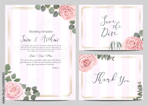 Floral vector template for wedding invitations. Delicate pink roses, eucalyptus and gold frame. Invitation card, thank you, save the date. Pink stripes in the background 