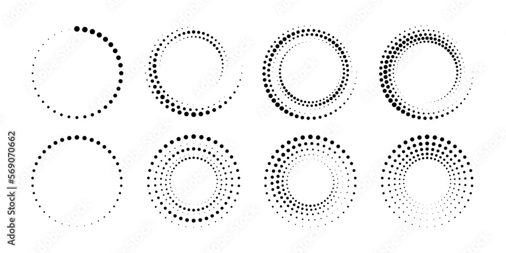Dotted gradient circle. Halftone effect circular dotted frame. Progress round loader. Half tone circle. Vector illustration isolated on the white background.