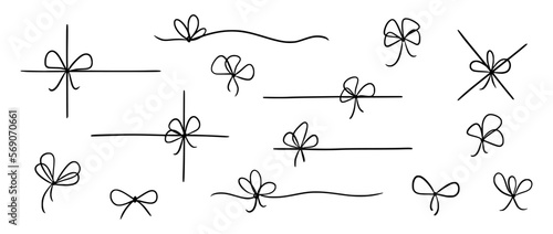 Bow gift ribbon line simple element set. Hand drawn doodle stroke ribbon bow. Elegant minimal line stroke style. Vector illustration photo