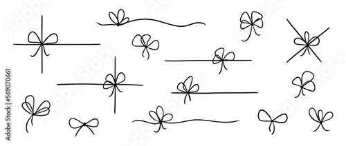 Bow gift ribbon line simple element set. Hand drawn doodle stroke ribbon bow. Elegant minimal line stroke style. Vector illustration