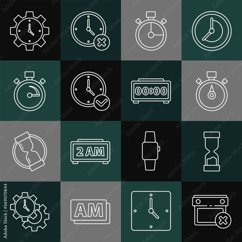 Set line Calendar date delete, Old hourglass, Stopwatch, Clock, Time Management and Digital alarm clock icon. Vector Set line Calendar date delete, Old hourglass, Stopwatch, Clock, Time Management and Digital alarm clock icon. Vector