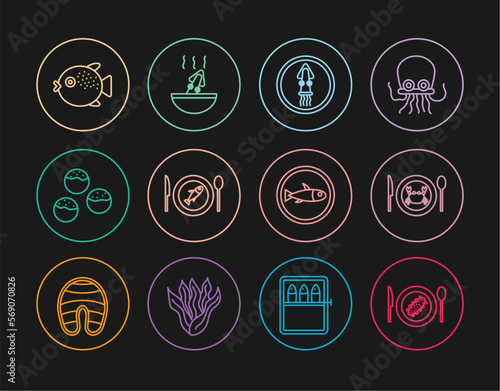 Set line Served cucumber on a plate, crab, Octopus, fish, Takoyaki, Puffer, and Soup with octopus icon. Vector