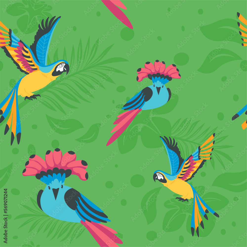 Naklejka premium Tropical flora and fauna, parrots and birds print
