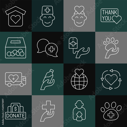 Set line Veterinary clinic, Volunteer, Animal volunteer, Dialogue with doctor, Donation and charity, Shelter for homeless and Blood donation icon. Vector