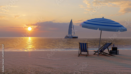 Sunset beach travel summer holiday vacation with beach chairs, parasol and yacht in the sea, 3d rendering