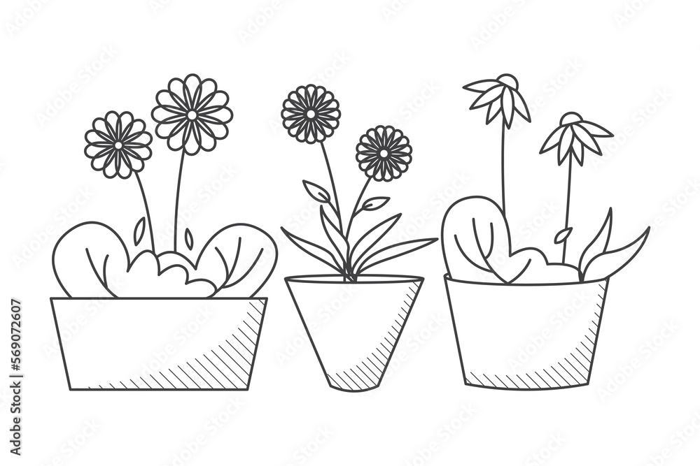 Hand drawn doodle flowers in pot illustration Hand drawn doodle flowers in pot illustration