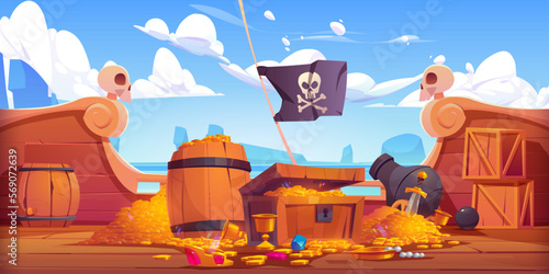 Pirate ship deck with treasure chest and gold coins. Wooden corsair ship with piles of money, wooden barrels and black flag with skull, vector cartoon illustration