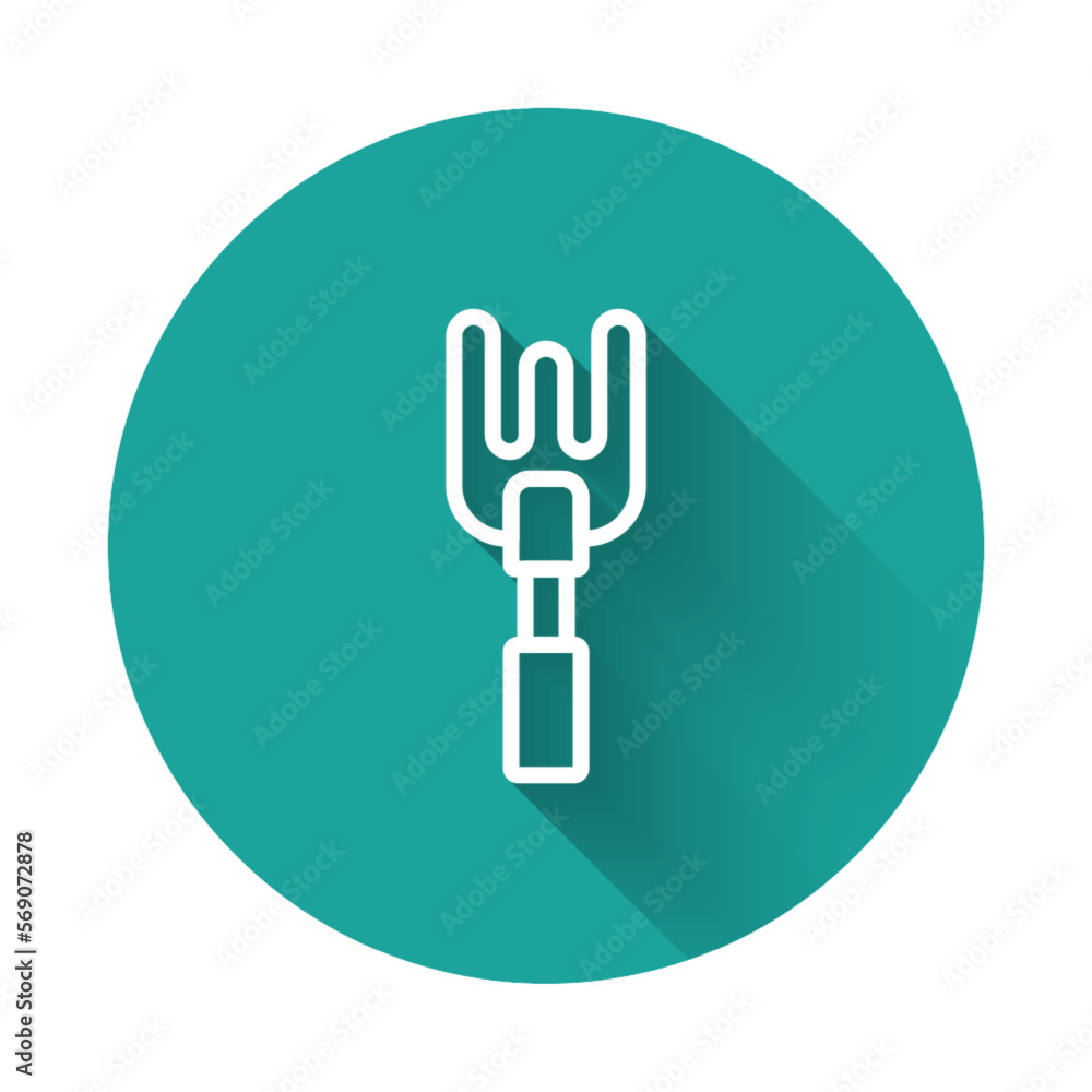 White line Garden rake icon isolated with long shadow background. Tool for horticulture, agriculture, farming. Ground cultivator. Housekeeping equipment. Green circle button. Vector White line Garden rake icon isolated with long shadow background. Tool for horticulture, agriculture, farming. Ground cultivator. Housekeeping equipment. Green circle button. Vector