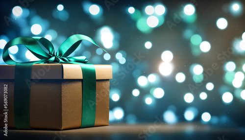 Present Gift Box for Birthday, Christmas, Anniversary and Oher Festival with Green Bow Ribbon on Beautiful Bokeh Background