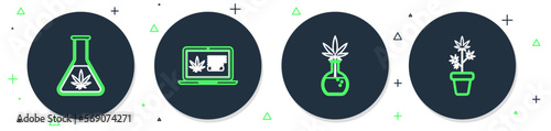Set line Online buying marijuana, Test tube with, and Marijuana plant pot icon. Vector