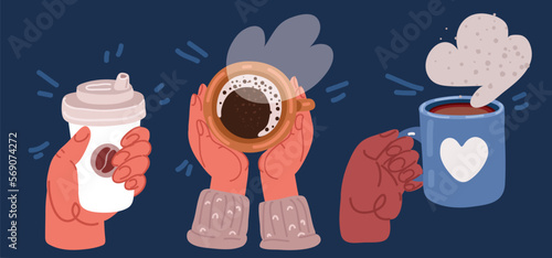 Cartoon vector illustration of hands holding hot drinks in different cups. Hands holding cups of tea or coffee. Rear and top view. Beverages and drinks concept, Plastic cup and mugs.