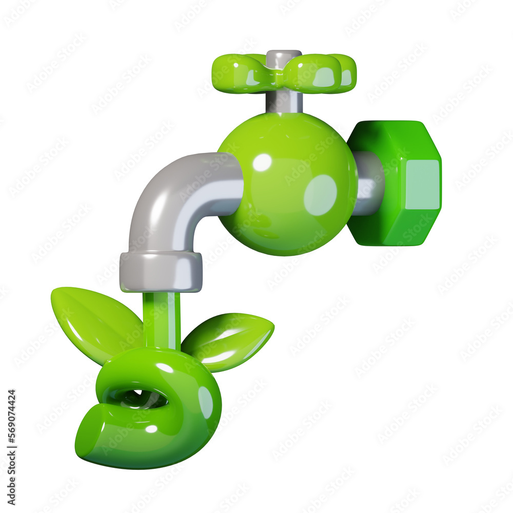 Water tap icon and leaf faucet icon isolated. icon isolated. Ecology and environment icon concept. 3D render illustration. Water tap icon and leaf faucet icon isolated. icon isolated. Ecology and environment icon concept. 3D render illustration.