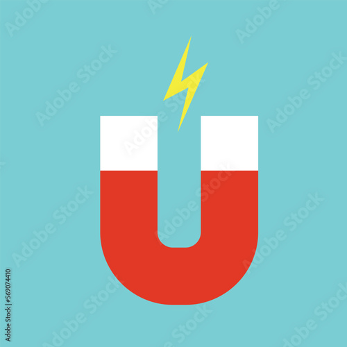 Red horseshoe magnet with magnetic strength sign on a blue background. U-shaped magnet icon. Magnetism, magnetization, attraction concept. Vector illustration