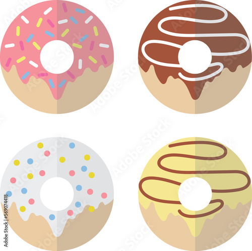 Donuts, a set of realistic donuts on a pink background with a white stroke. Vector, cartoon illustration.