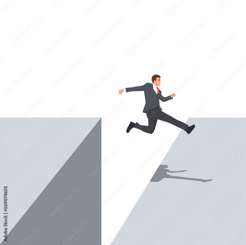 Businessman jump through the gap in the rocks. an employee with a running jump from one cliff to another. Flat vector illustration isolated on white background Businessman jump through the gap in the rocks. an employee with a running jump from one cliff to another. Flat vector illustration isolated on white background