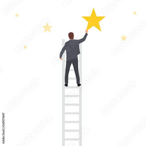 Business concept illustration of a businessman reach out for the stars. Flat vector illustration isolated on white background