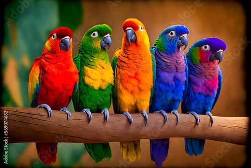 Five colored parrots cheerful on their heads sit on a branch. Generative AI technology.