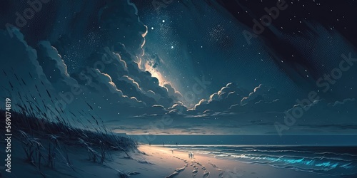 Romantic peaceful summer night sky with milky way stars and majestic grand cumulus rain clouds over a pristine sandy beach; glittering reflections relaxing midnight evening stroll - generative AI.