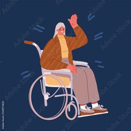 Cartoon vector illustration of Young handicapped black woman in wheelchair. Happy disabled African American lady enjoying her life, outdoors