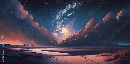 Romantic peaceful summer night sky with milky way stars and majestic grand cumulus rain clouds over a pristine sandy beach  glittering reflections relaxing midnight evening stroll - generative AI.
