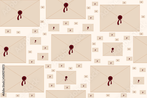 Seamless pattern with envelope with wax seal. Retro website banner for post office Old mail with viva magenta stamp, ribbon and monogram. Endless background for copyright and writer's day concept. photo