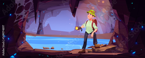 Hiker man travel in mountain cave. Concept of journey, trip adventure with tourist with backpack and flashlight in stone cavern with underground lake and crystals, vector cartoon illustration