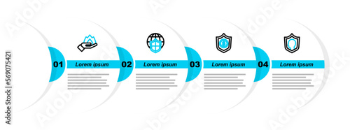 Set line Life insurance with shield, Shield dollar, world globe and Hand holding fire icon. Vector