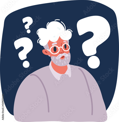 Cartoon vector illustration of Old man is full of doubts and hesitation. Old man and question marks above head. Confused old man. Dementia and ignorance concept.