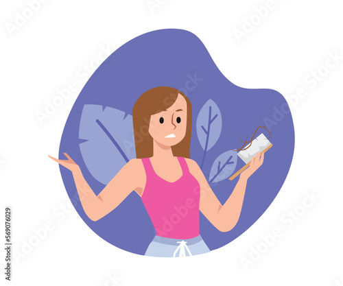 Banner on topic of problem of baldness and hair loss in women, vector isolated.