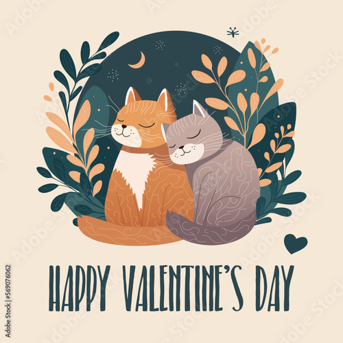 Cats hugging on the background of green flowers / leaves and starry sky with moon. Inscription Happy Valentine's Day. True love, cozy vector illustration. Couple of kittens in love