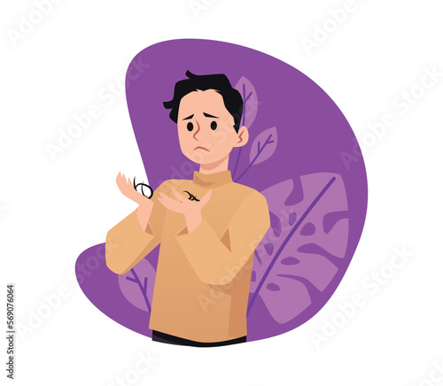 Sad man holding lost hairs, alopecia problem - flat vector illustration isolated on white background.