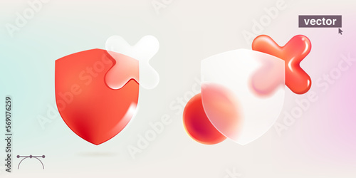 Shield symbol and rejection icon in glassmorphism style.