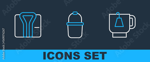 Set line Cup of tea with tea bag, Bathrobe and Sauna bucket icon. Vector