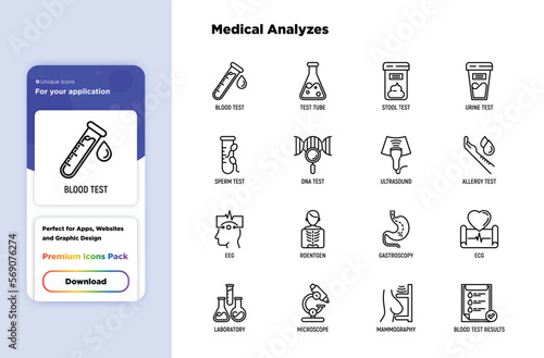 Medical analyzes thin line icons set: blood test, urine test, stool, ECG, mammography, sperm, DNA, ultrasound, EEG, X-ray, gastroscopy. Vector illustration for laboratory web page.