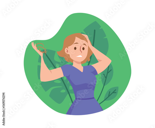 Frustrated young woman losing hair, flat vector illustration isolated on white background.
