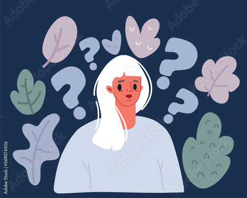 Cartoon vector illustration of Question mark. Business people asking questions around a huge question mark.