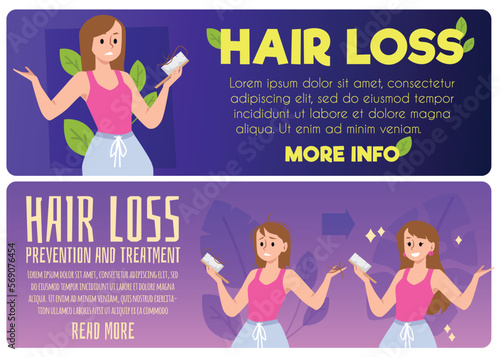 Hair loss or alopecia disease banners or flyers set flat vector illustration.