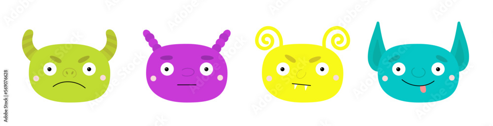 Monster face head set line. Happy Halloween. Cute cartoon kawaii scary funny boo baby character. Colorful silhouette. Different emotion. T-shirt design print. Black background. Flat design. Monster face head set line. Happy Halloween. Cute cartoon kawaii scary funny boo baby character. Colorful silhouette. Different emotion. T-shirt design print. Black background. Flat design.