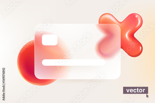 Glass morphism credit card template with rejection icon in glassmorphism style.