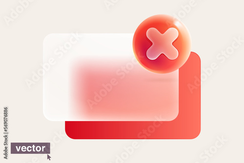 Financial bank credit card with rejection icon in glassmorphism style.