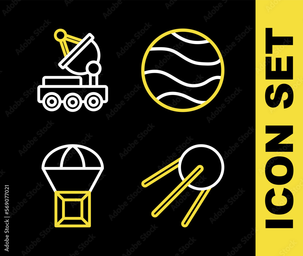 Set line Planet, Satellite, Box flying on parachute and Mars rover icon. Vector