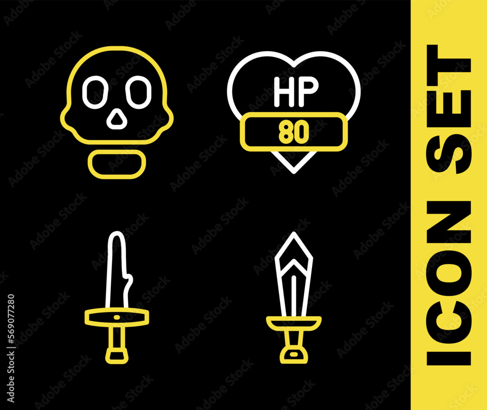 Set line Video game bar, Sword for, Dagger and Skull icon. Vector