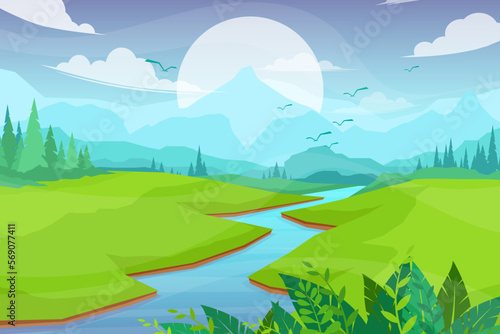 Nature scene with river and hills vector illustration