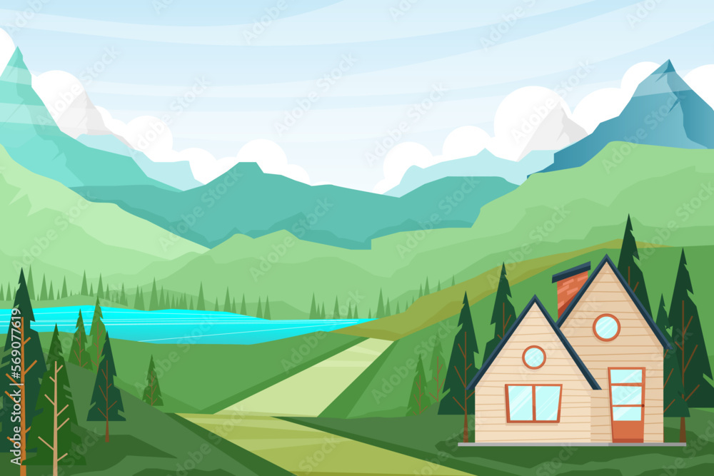Best nature location with house and  Mountain lake landscape vector illustration